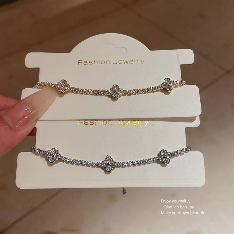 Gold - Tone Clover - Linked Bracelet With Rhinestone Accents, Chic Daily Jewelry, High - Quality Sparkling Gift For Her