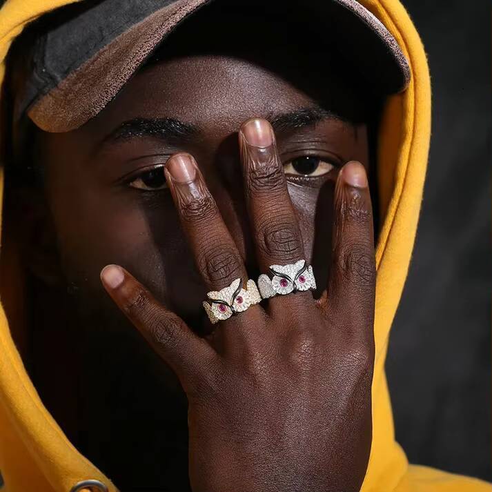 Iced Out Moissanite Jewelry Ring High Quality Hand Setting 925 Sterling Silver VVS Diamond Owl Ring for Men Moissanite