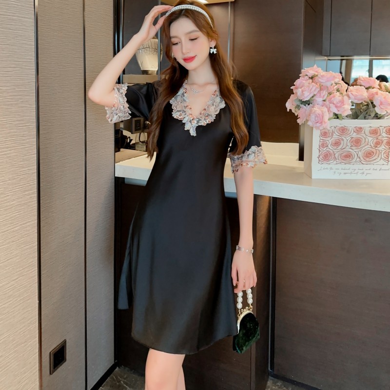 B985-Pajamas women's summer sexy ice silk nightdress thin lace high-end short-sleeved lace large size loose home clothes