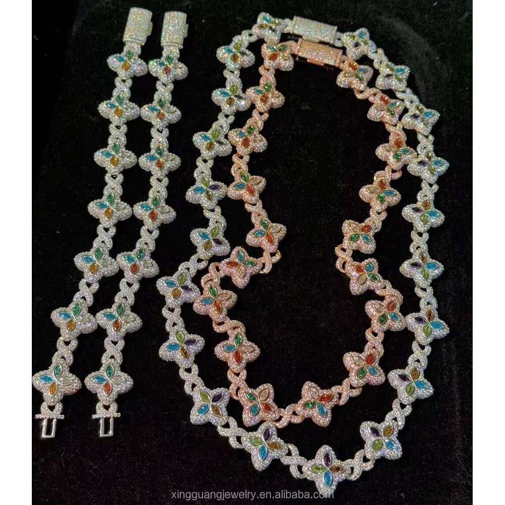 Fashion Fancy Colors Marquise Cut Moissanite Clover Charms Infinity Links Sterling Sier Cuban Link Chain Jewelry