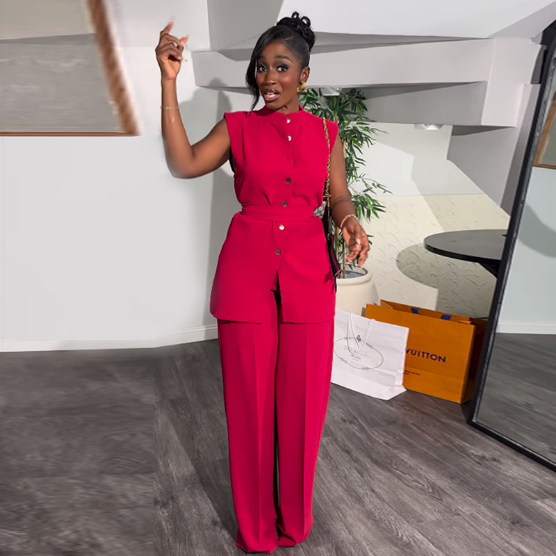 Womens 2024 Summer New Stand up Neck Button Sleeveless Waist Tie Up Top Wide Leg Long Pants Set