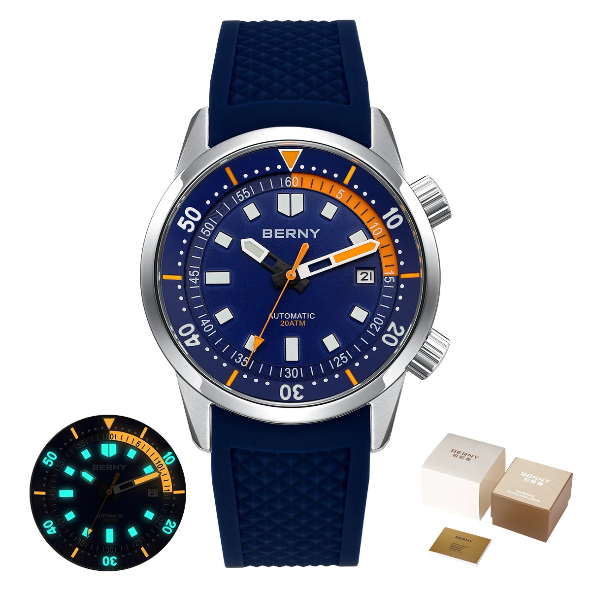 BERNY Diver Watches for Men 20AMT Super Luminous Automatic Mechanical Men's Dive Watch Full Stainless Steel 42mm Sapphire Diving
