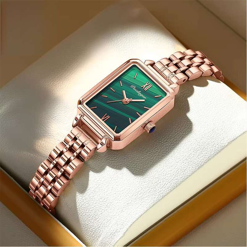 DHgargets POEDAGAR Women's Rectangle Watch - 50M Waterproof, Stainless Steel Band, Small Green Dial, Quartz Wristwatch for Students