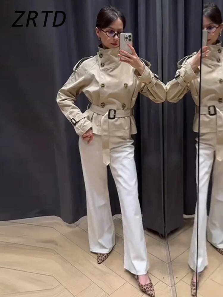 Fashion Women's Short Belt Jackets Turtleneck Double Breasted Full Sleeve Female Trench Coats 2025 Spring Lady Commute Outwear