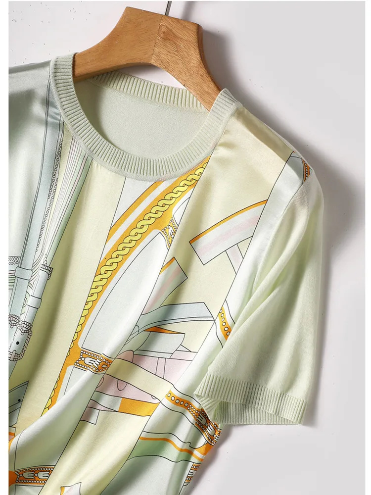 Fashion Printing Put Together Ice Silk Knitwear Shirt Tshirt Round Neck Short Sleeve Temperament Slim Womens Style Top 250723