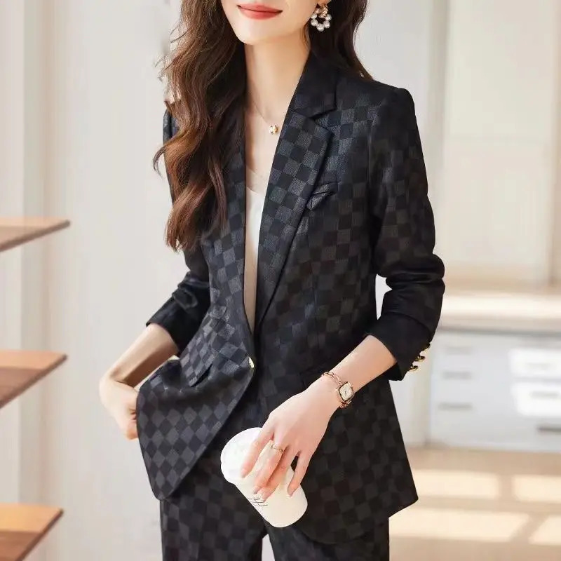 Womens Spring Autumn Fashion Plaid Professional Suit Jacket Matching Set Korean Elegant Casual Blazers Pants Two Piece 250723