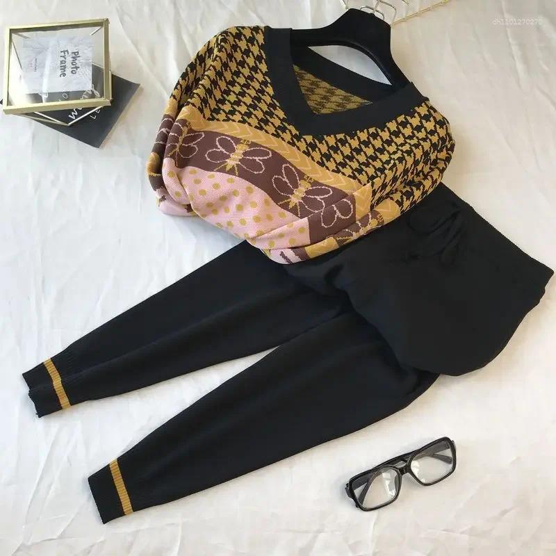 Lanjia- Women's Tracksuits Sweater Two Piece Sets Ankle-Length Pants Tracksuit Knit Outfits Women Vintage Print Long Sleeve V-Neck Patchwork 8917