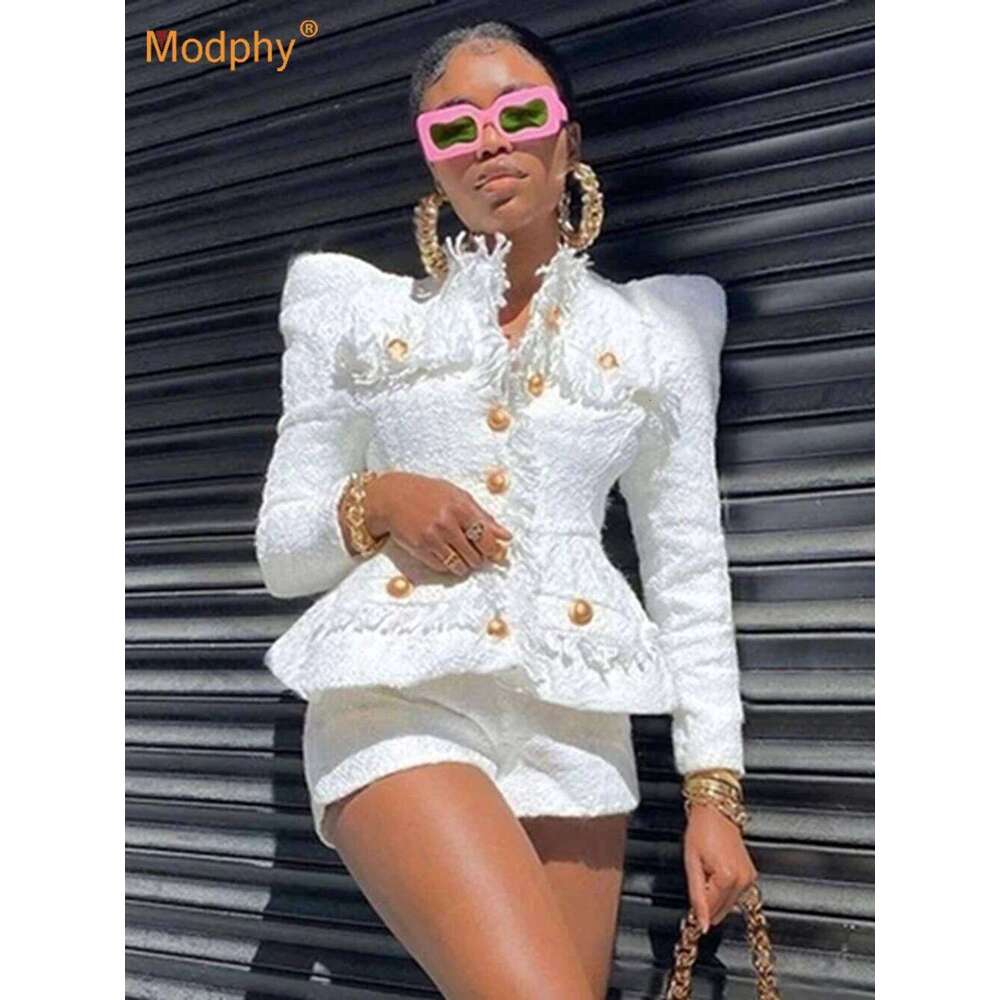 Elegant White Tweed Women Set Single-Breasted Slim Tassels Jacket & High Waist Shorts Suit Celebrity Party Sets 2025 Fall New