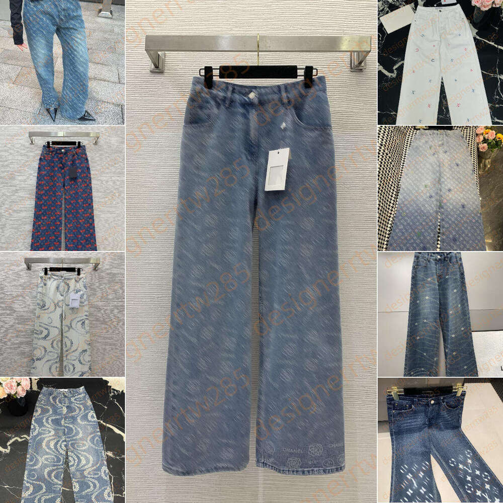 jeans womens designer Light Blue High Waist Wide Leg Jeans Sequin Embellished CC Logo Back Pocket Luxury Allover Print logo Mid Rise baggy jeans