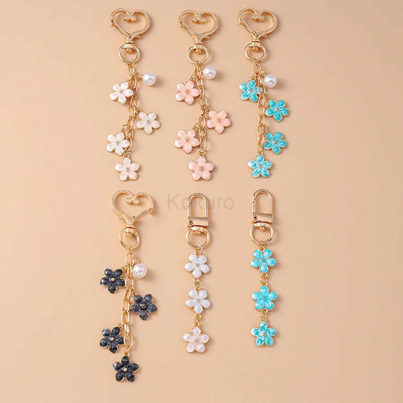 ute Enamel Pearl Flower Keychain Plant Key Ring Pendant for Women Girls Handbag Decoration DIY Handmade Jewelry Gifts M250723