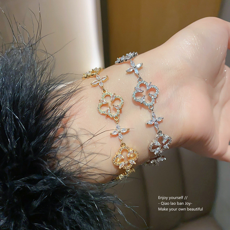 Silver - Tone Clover - Shaped Bracelet With Rhinestone Accents Elegant Party Jewelry And Gift For Her High Quality And Sparkling Jewelry