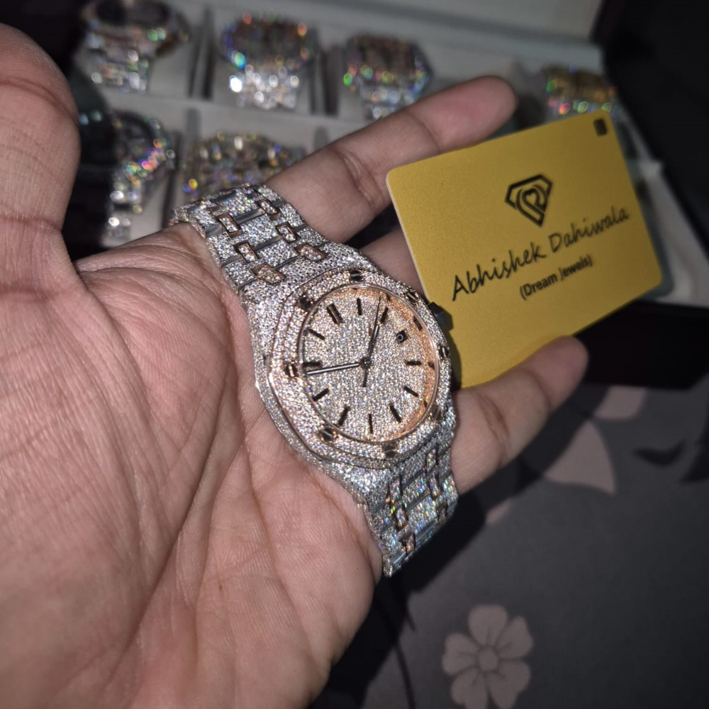 Bling Bling Iced out Men's Watch VVS Moissanite Rectangular Steel Case Leather Strap Hip Hop Series ETA Movement GRA Certified
