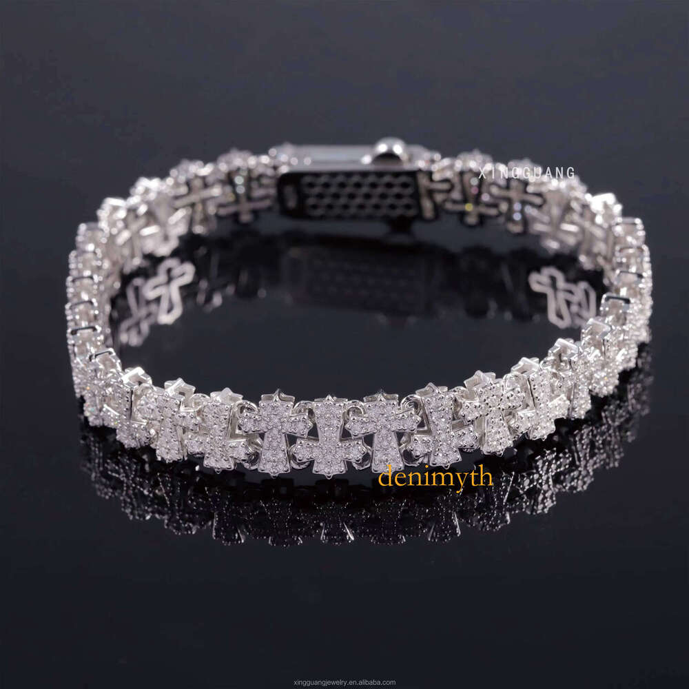 Trendy 14mm Wide Multi Cross Moissanite White Gold Plated Sier Links Men Women Cuban Bracelet Jewelry