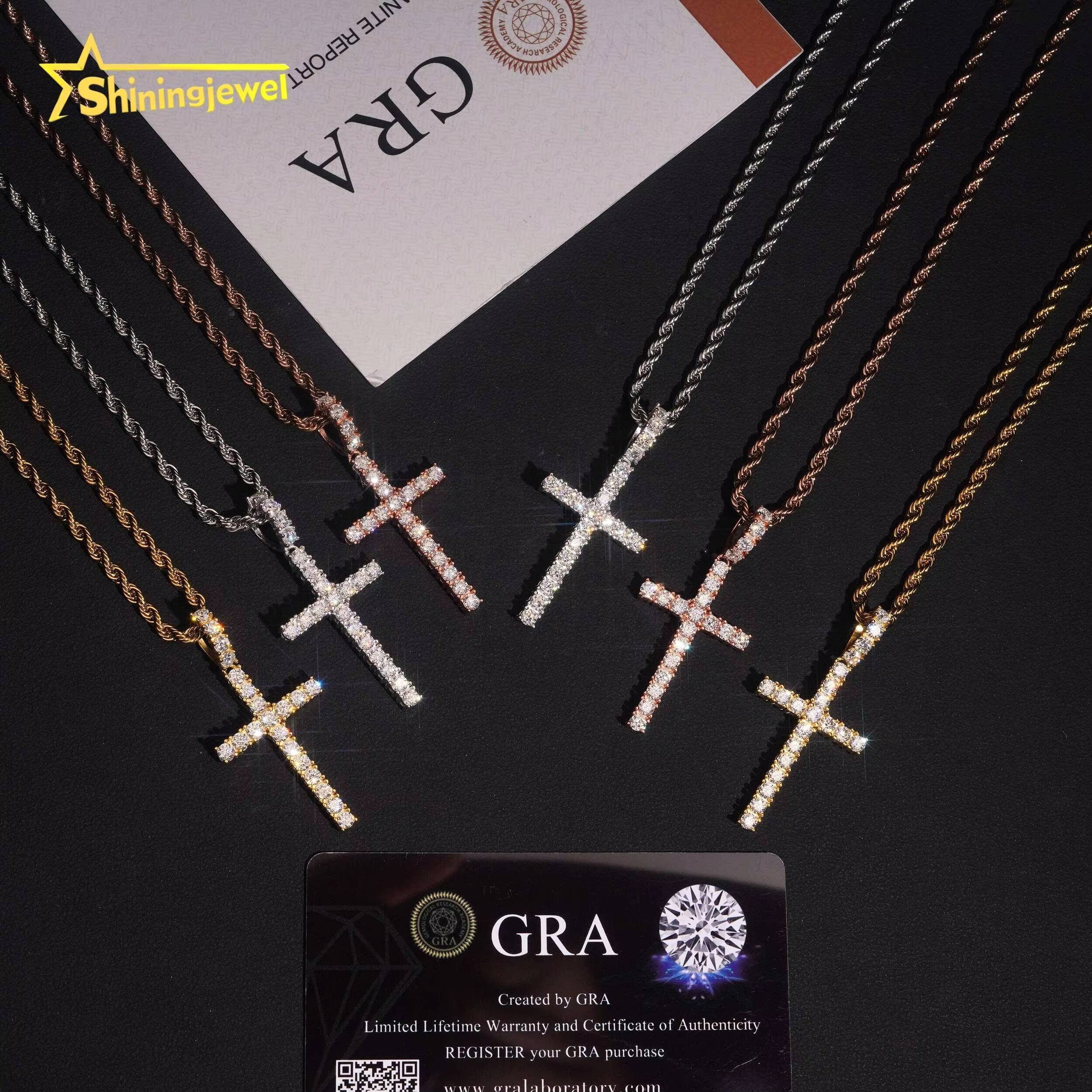 RTS Fine Hip Hop Jewelry Iced Out 3MM Round Cut Moissanite Pendant 925 Silver VVS Moissanite Jewelry Cross Pendant