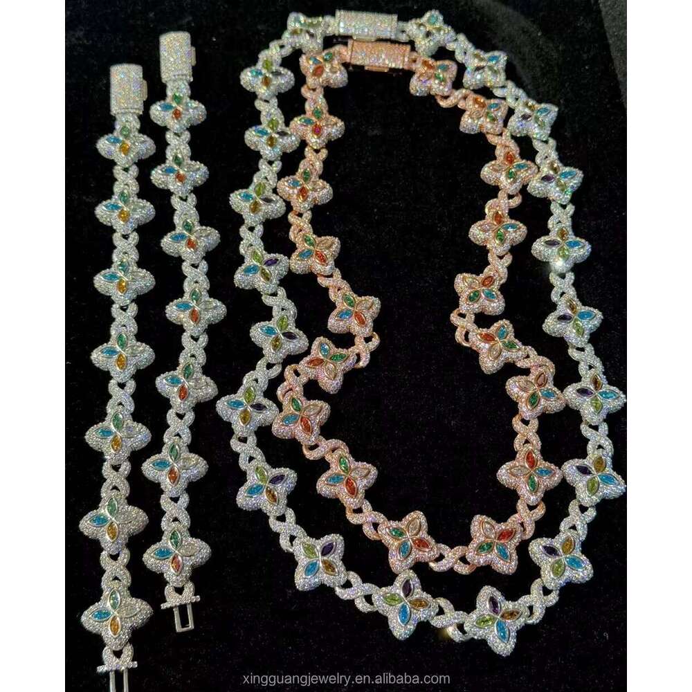 Fashion Fancy Colors Marquise Cut Moissanite Clover Charms Infinity Links Sterling Sier Cuban Link Chain Jewelry