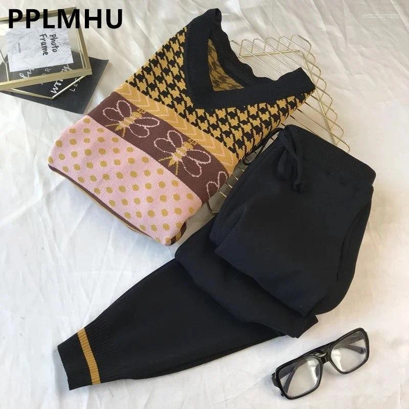 Lanjia- Women's Tracksuits Sweater Two Piece Sets Ankle-Length Pants Tracksuit Knit Outfits Women Vintage Print Long Sleeve V-Neck Patchwork 8917