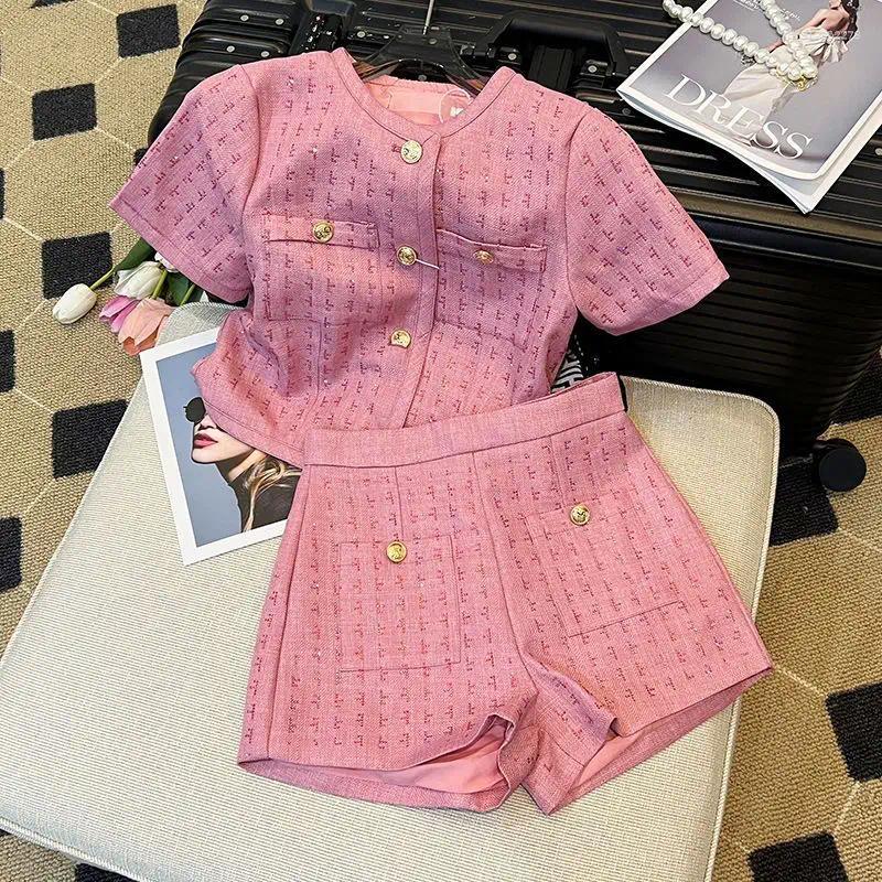 Women's Two Piece Pants BAFU Summer Pink Tweed 2 Set Women Short Sleeve Jacket Wide Legs Shorts Suit Runway Celebrity Coat Clothes 003P