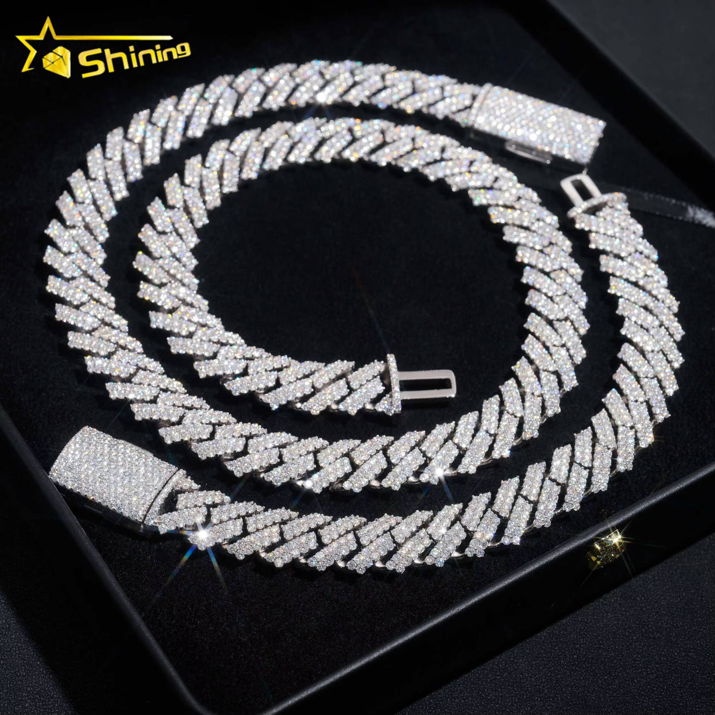 Shining Moissanite Hip Hop Jewelry 15mm 2rows Design Sterling Silver Gold Plated Diamond Moissanite Cuban Link Chain