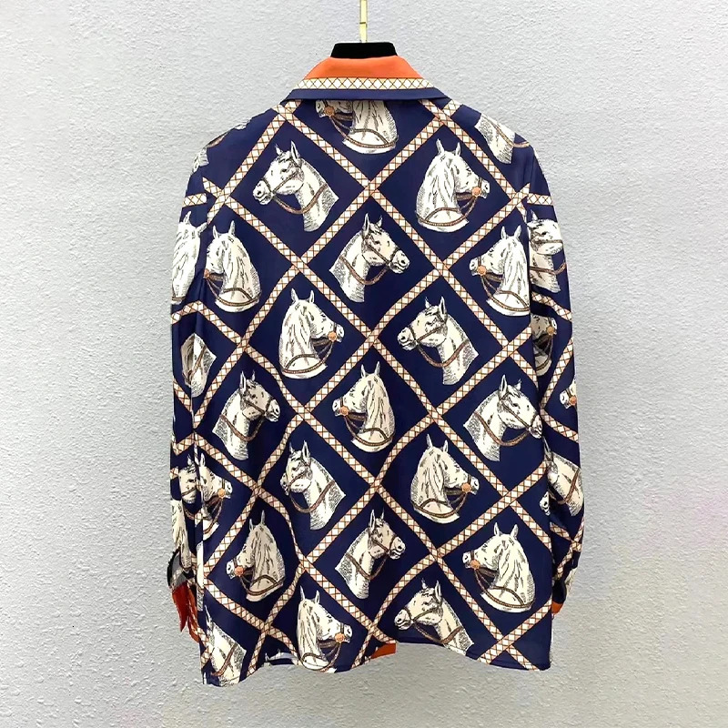 Silk Shirt Women Check Equestrian Print Horse Blouse Spring Summer Long Sleeve Tops Vintage Trend Y2K Clothing 250723