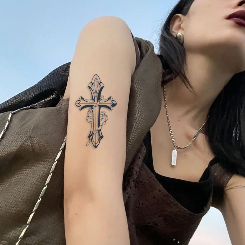 Tattoos Colored Drawing Waterproof Temporary Stickers Chain cross print juice tattoo sticker European American spicy girl arm washable cyan tattoo
