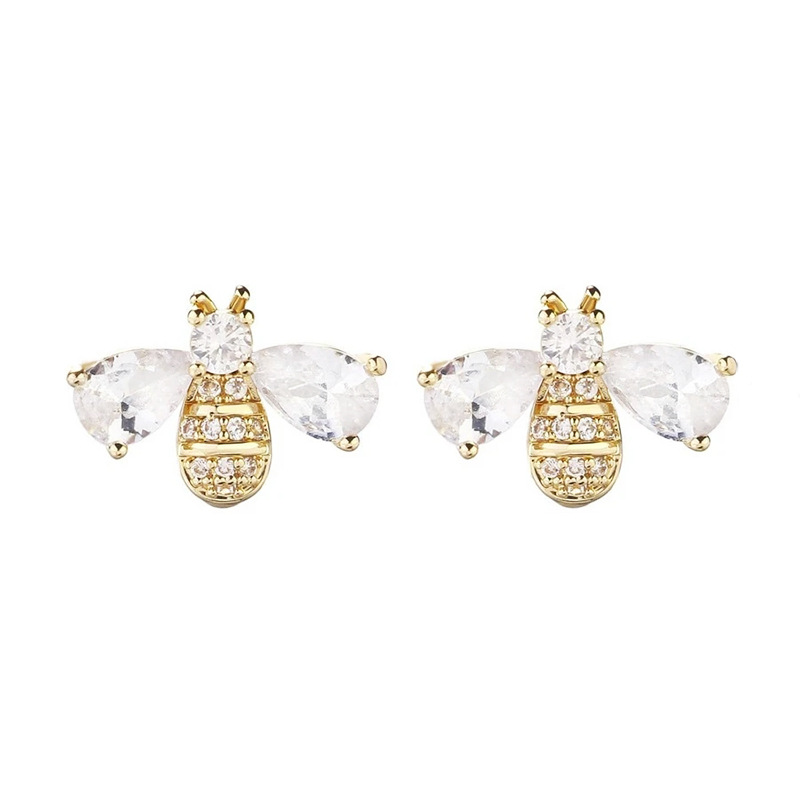 Gold Tone Bee Shaped Stud Earrings Crystal Wing Accents Cute Daily Jewelry And Gift For Her High Quality And Stylish Jewelry