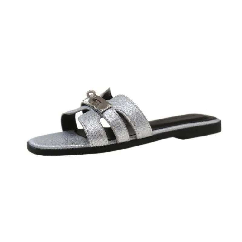 Women's Flat Shoes Barefoot Outside Woman Pu Cross Belt Slippers Women Metal Decoration Sandals 2025 Summer Ladies Fashion Shoe