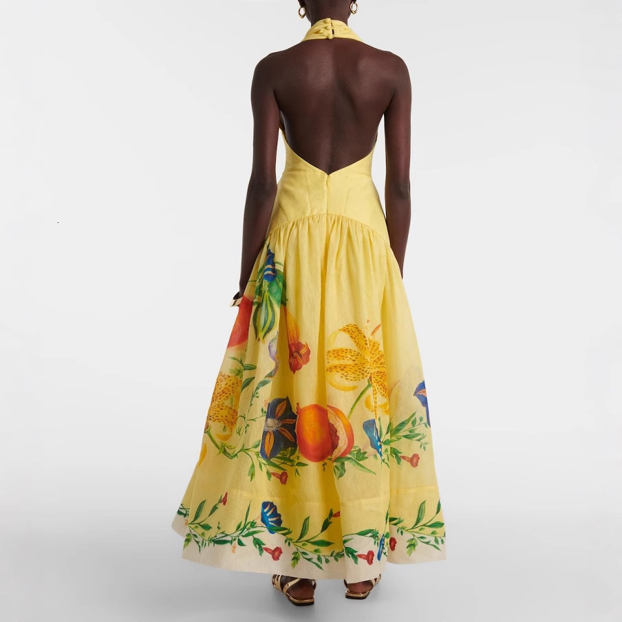 2025 Summer New Printed Halter Neck Backless Flared Deep V-neck Dress for Women