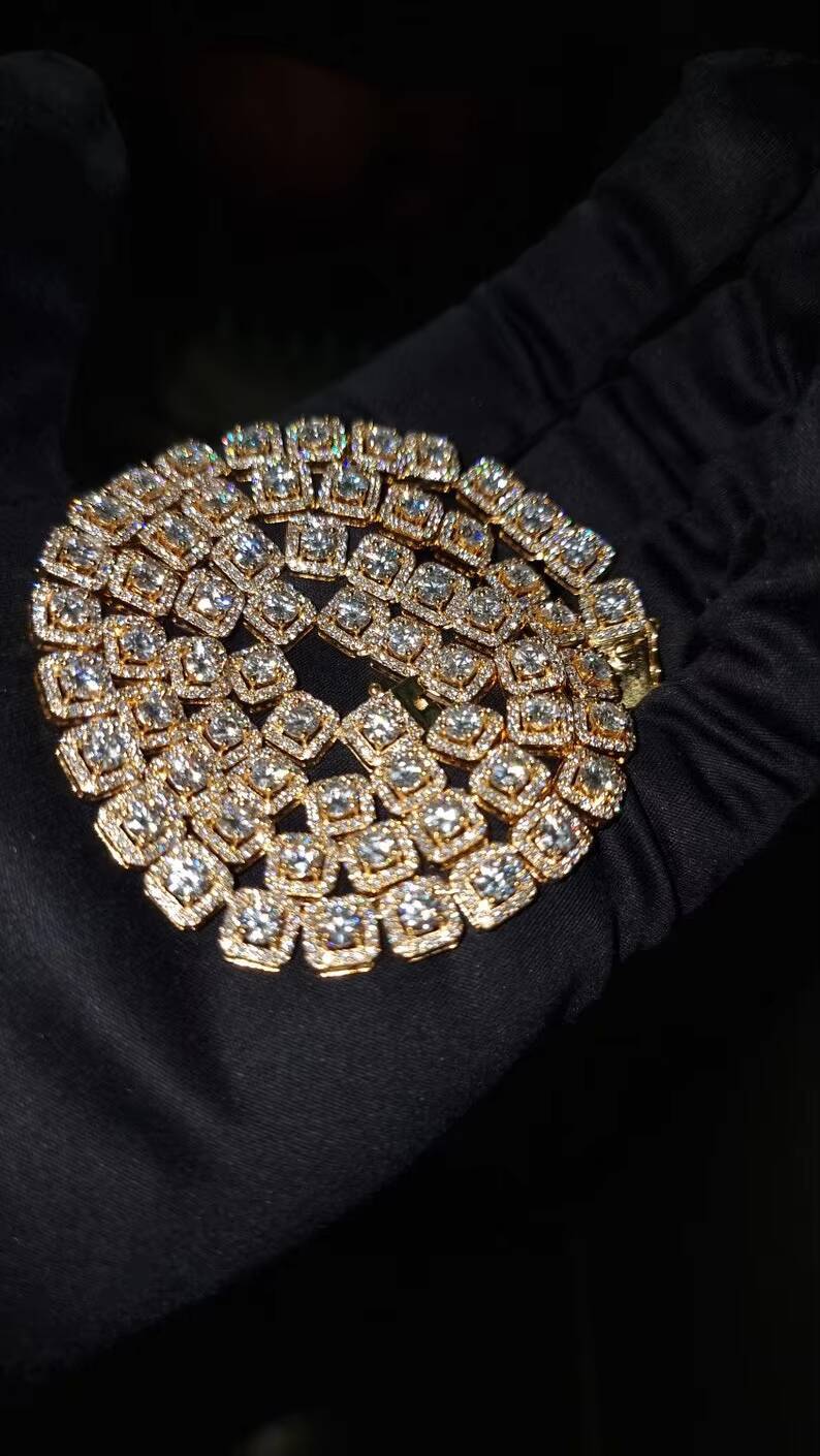 D Color Moissanite Diamond Halo Tennis Chain 925 Sterling Silver Necklace for Men and Women Passes Diamond Pen Tester