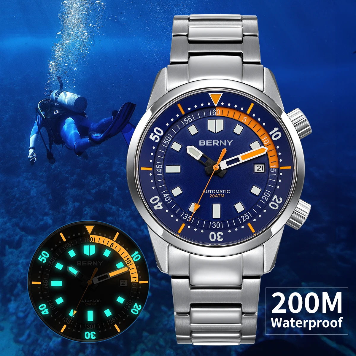 BERNY Diver Watches for Men 20AMT Super Luminous Automatic Mechanical Men's Dive Watch Full Stainless Steel 42mm Sapphire Diving