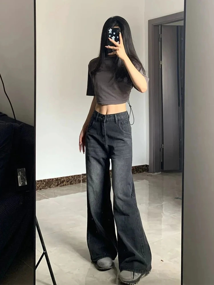 Korean Vintage High Waist Womens Jeans Y2K Slimming PearShaped Loose Straight Bell Bottoms Black Gray Baggy Denim Trousers y250717