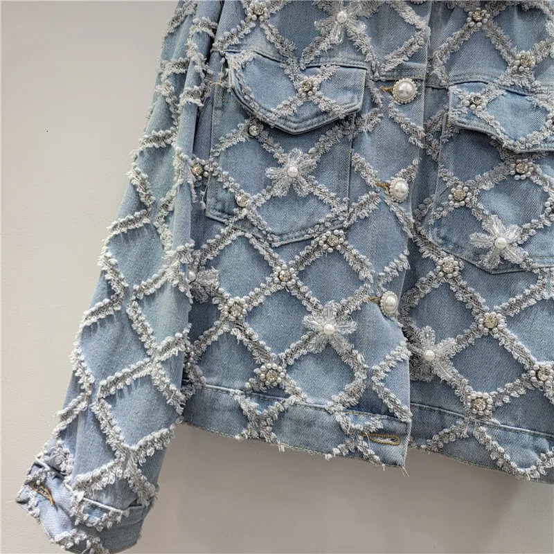 WTHT Fashion Womens Spliced Rivet Flower Plaid Denim Jacket Spring Trendy Lapel Long Sleeves Coat 1LS1131 250723