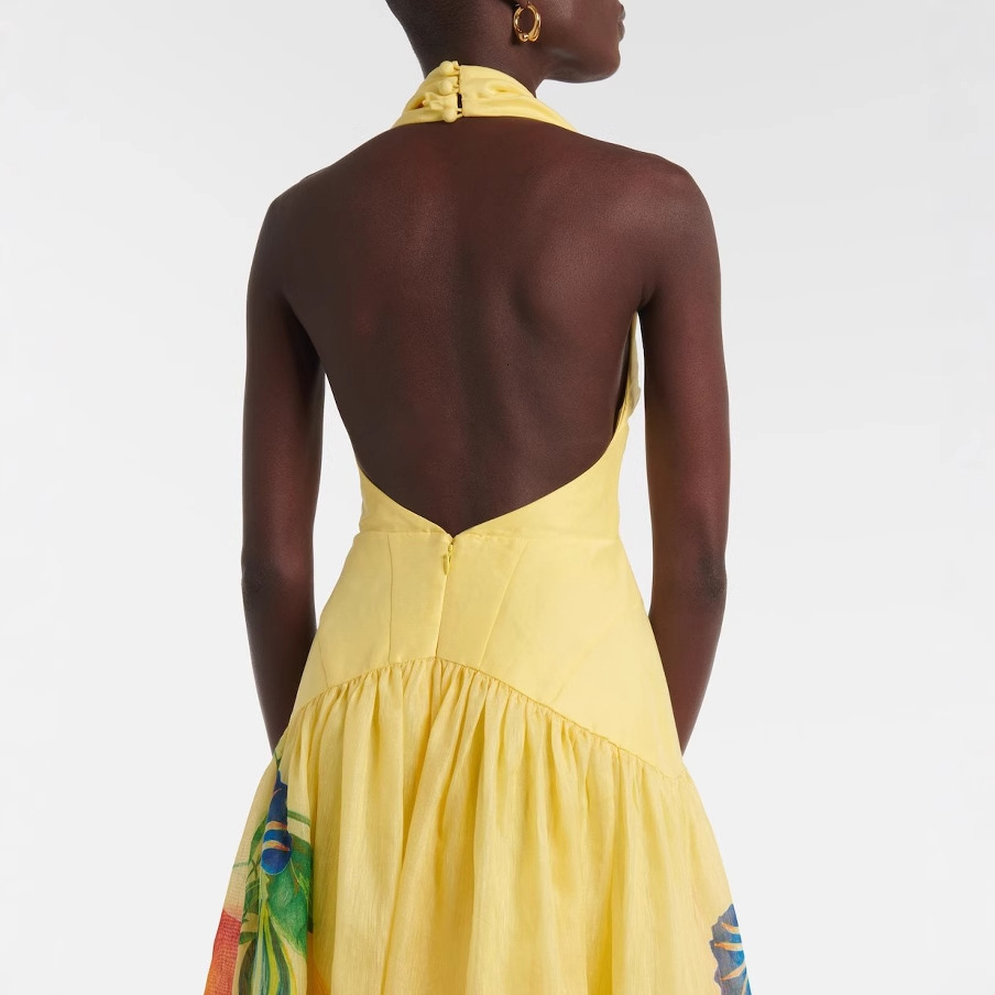 2025 Summer New Printed Halter Neck Backless Flared Deep V-neck Dress for Women