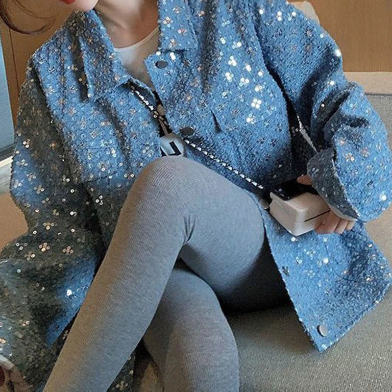 Blue sequined embroidered small fragrance jacket womens autumn and winter jeans fashion sense niche jacket250723