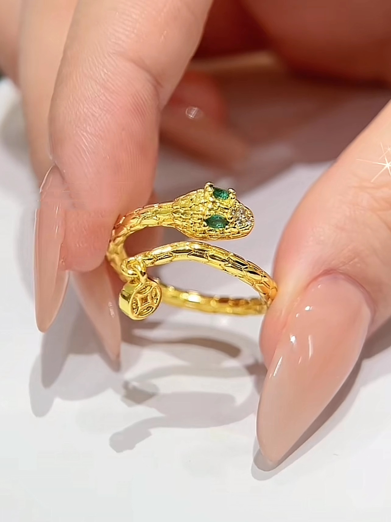 Gold - Tone Snake - Shaped Ring With Rhinestone And Emerald Accents Edgy Party Jewelry And Gift For Her High Quality And Sparkling Jewelry