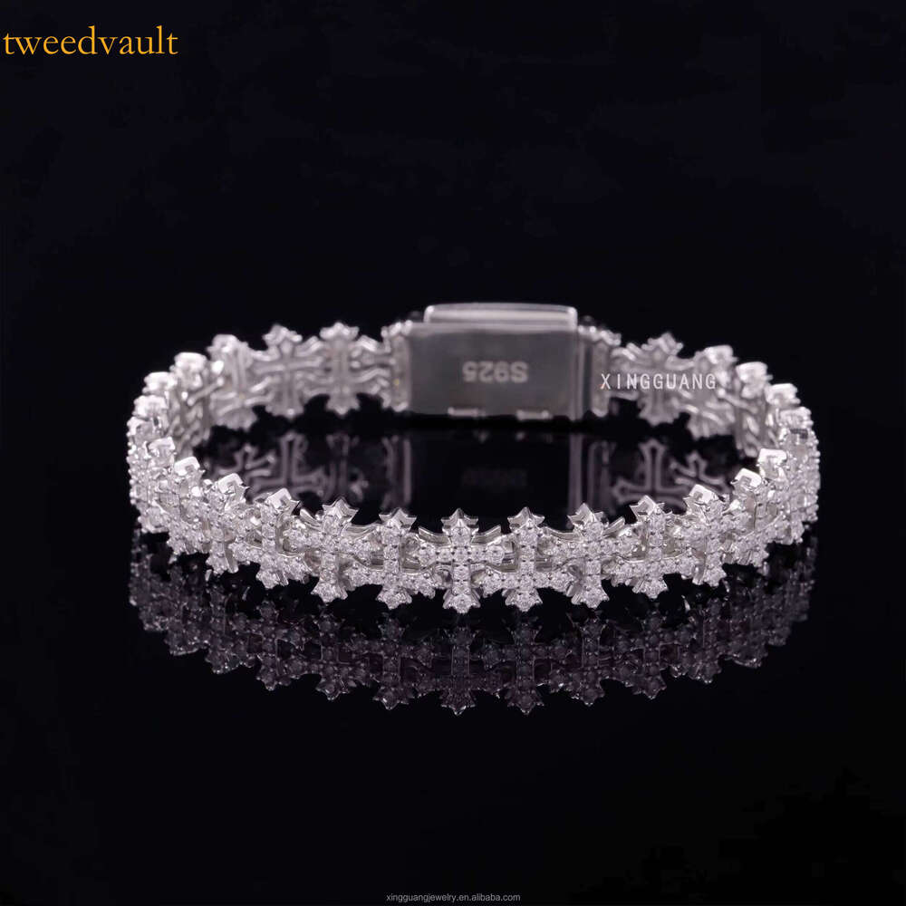 New Arrival 12mm Sterling Sier GRA Certificate Dia Moissanite Cuban Link Cross Bracelet