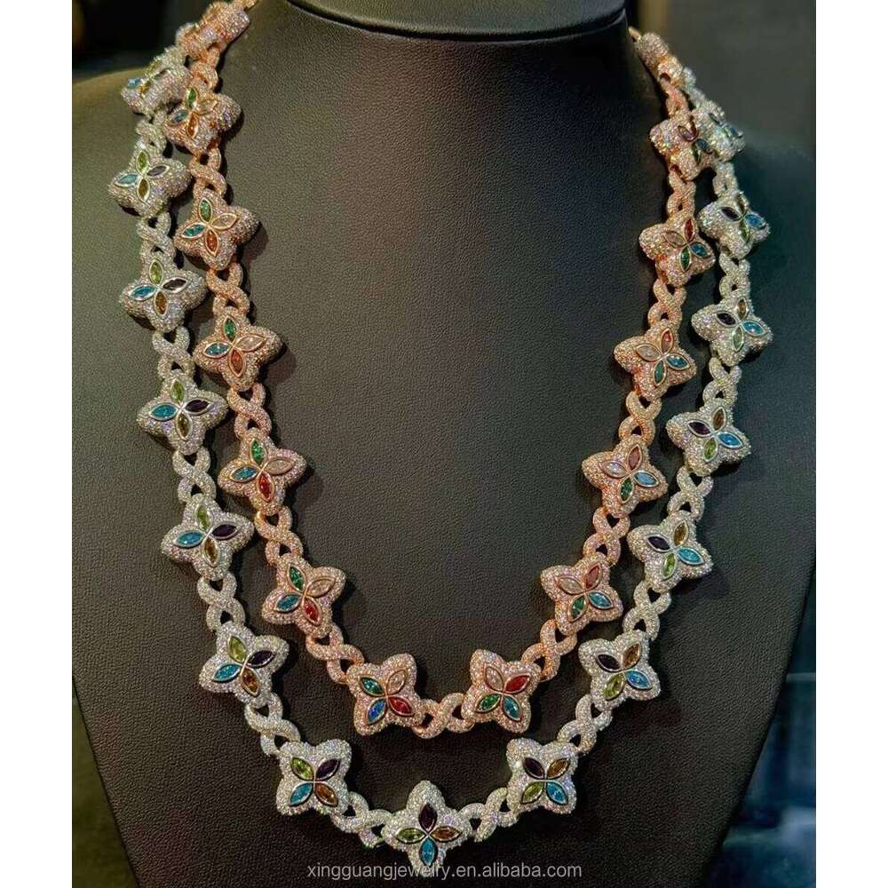 Fashion Fancy Colors Marquise Cut Moissanite Clover Charms Infinity Links Sterling Sier Cuban Link Chain Jewelry