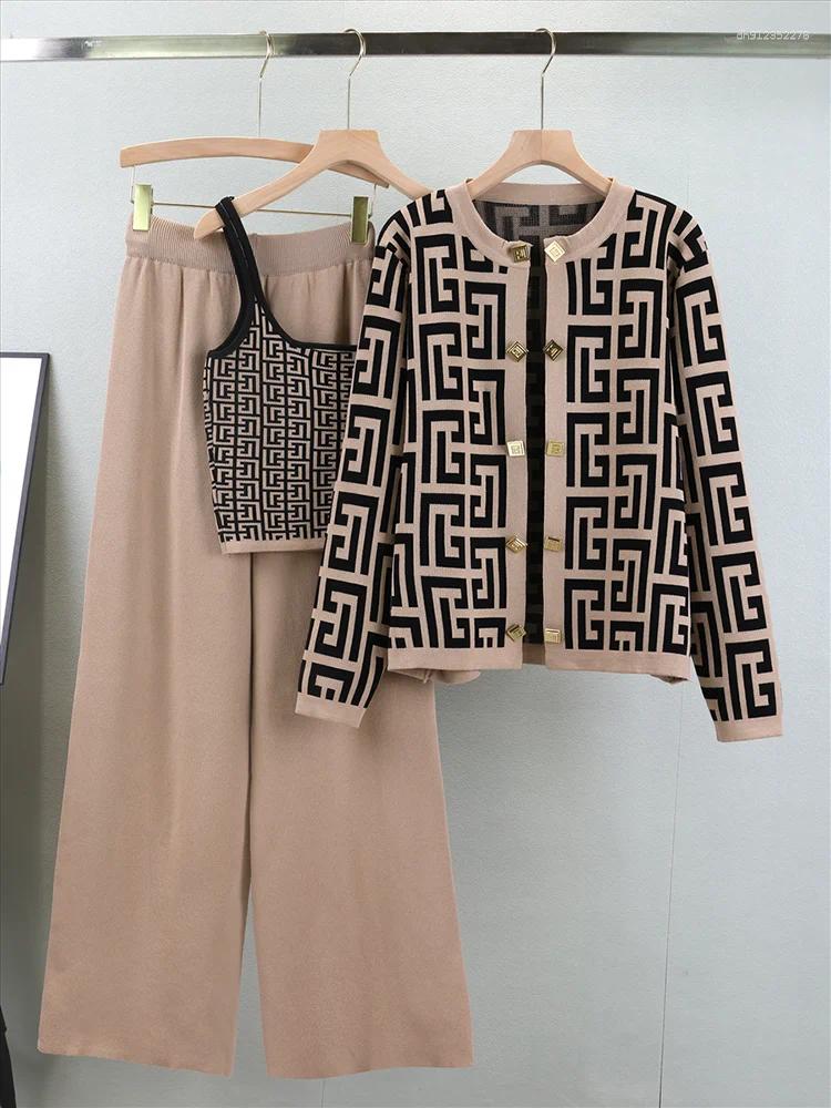 Women's Tracksuits Spring Knitted Three Pieces Sets 2025 Slim Short Tank Top Long Sleeves Cardigan Elastic Wide Leg Pants Fashion Sweater