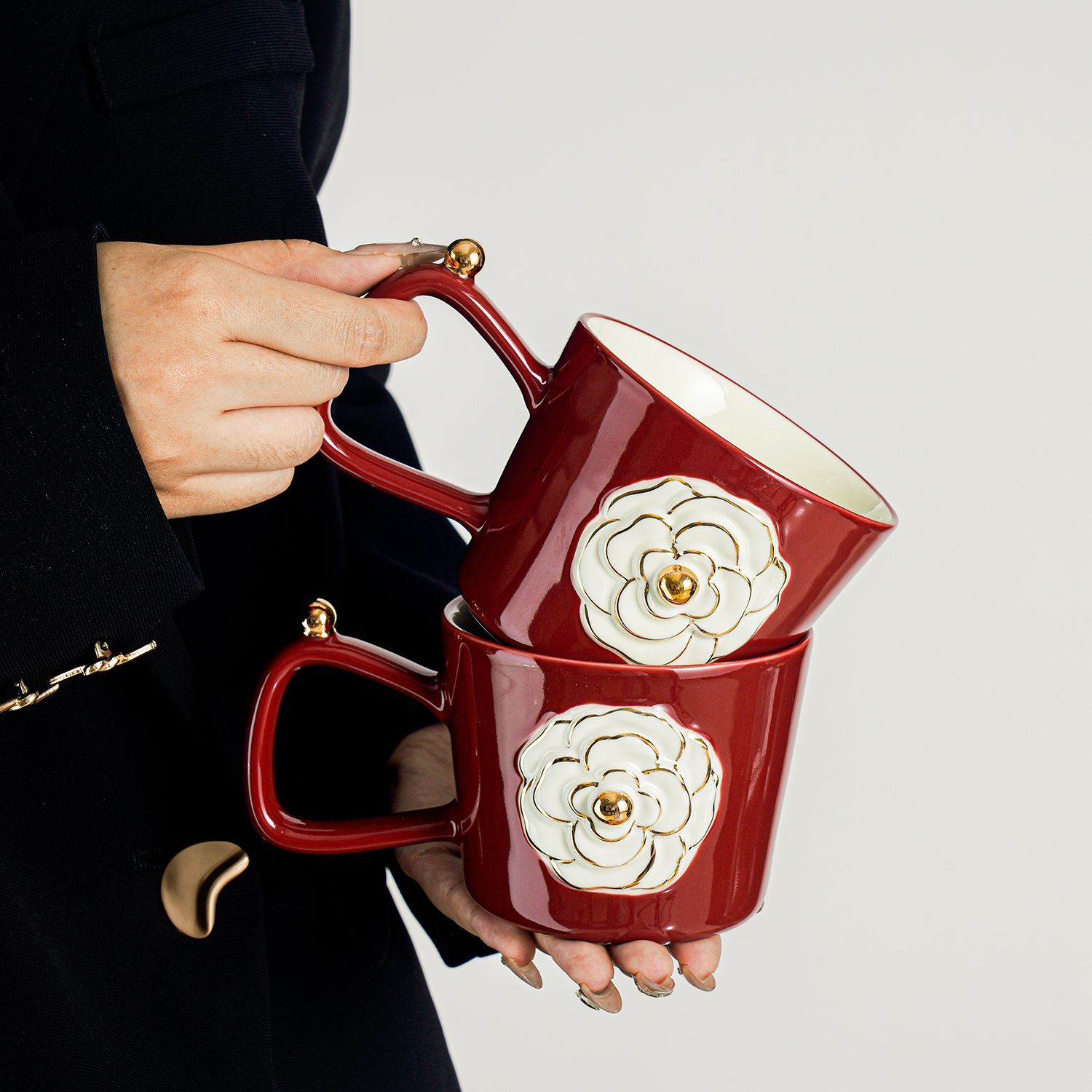 Designer Coffee Cups Luxury Camellia Bone China Mugs Elegant Coffee Cups Ceramic Tea Cups Tea Coffee Mugs With Gift Box Birthday Gifts For Women Mothe