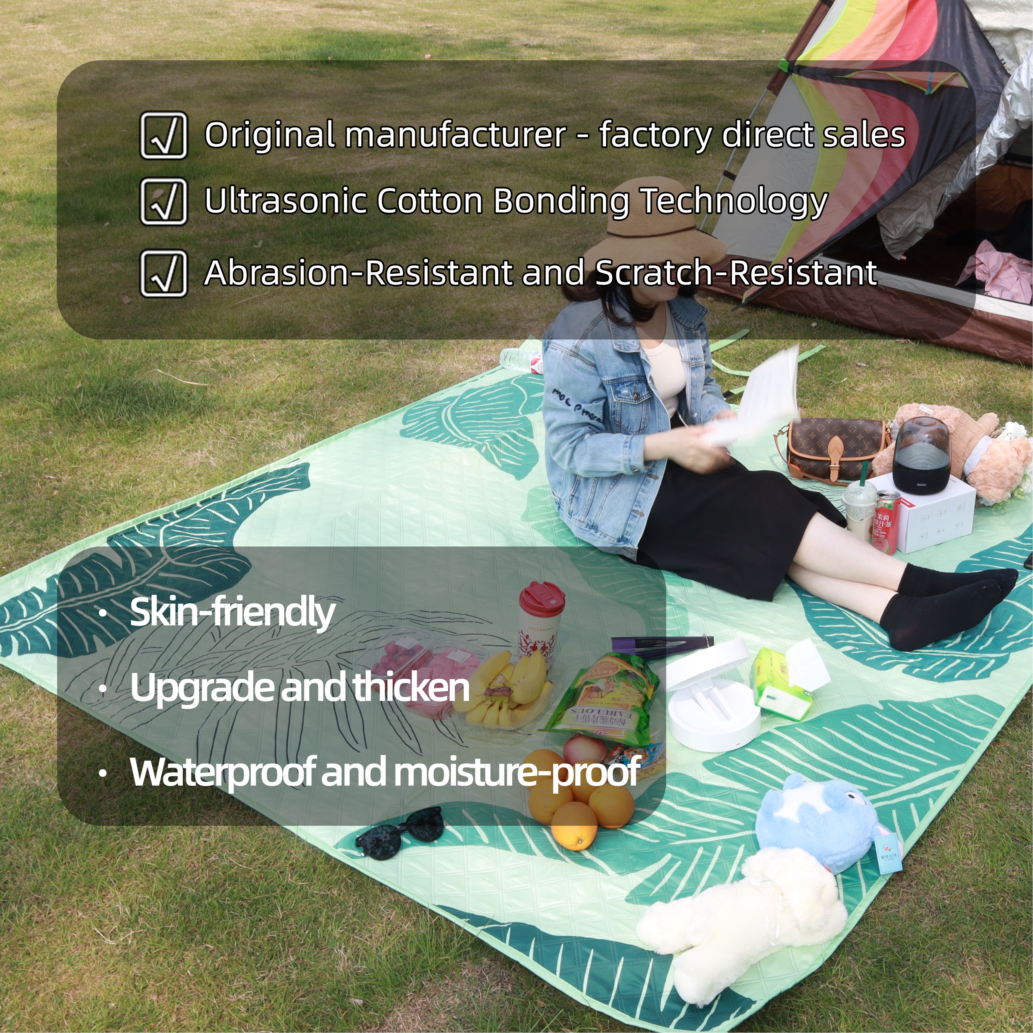 Outdoor moisture-proof mat, thickened picnic mat, camping outdoor waterproof lawn tent, portable floor mat, outdoor beach canvas Tropical green plants