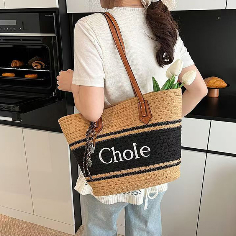 Designer bag Canvas bag Tote bag Shopping bag Single shoulder handbag Women's style Woody printed linen canvas with calf leather - Beige/Brown