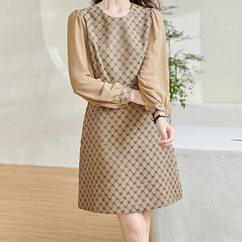 Women Casual Long Sleeves Patchwork Dress With Belt Floral Printing Slim Office A-line Dresses Women Party Vestido Autumn 250723