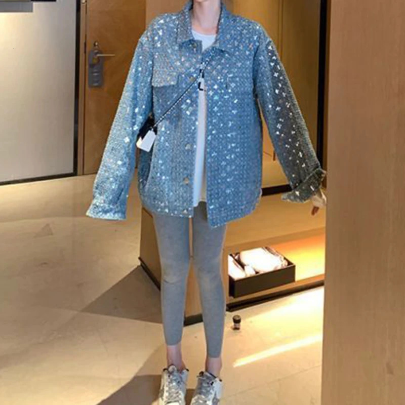 Blue sequined embroidered small fragrance jacket womens autumn and winter jeans fashion sense niche jacket250723