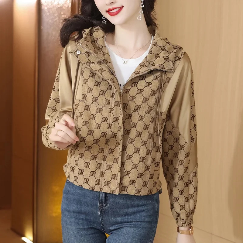 Fashionable Printed Jacket Womens Autumn Outerwear Cardigan Petite Style Hooded Drawstring Jacket Top Trendy250723