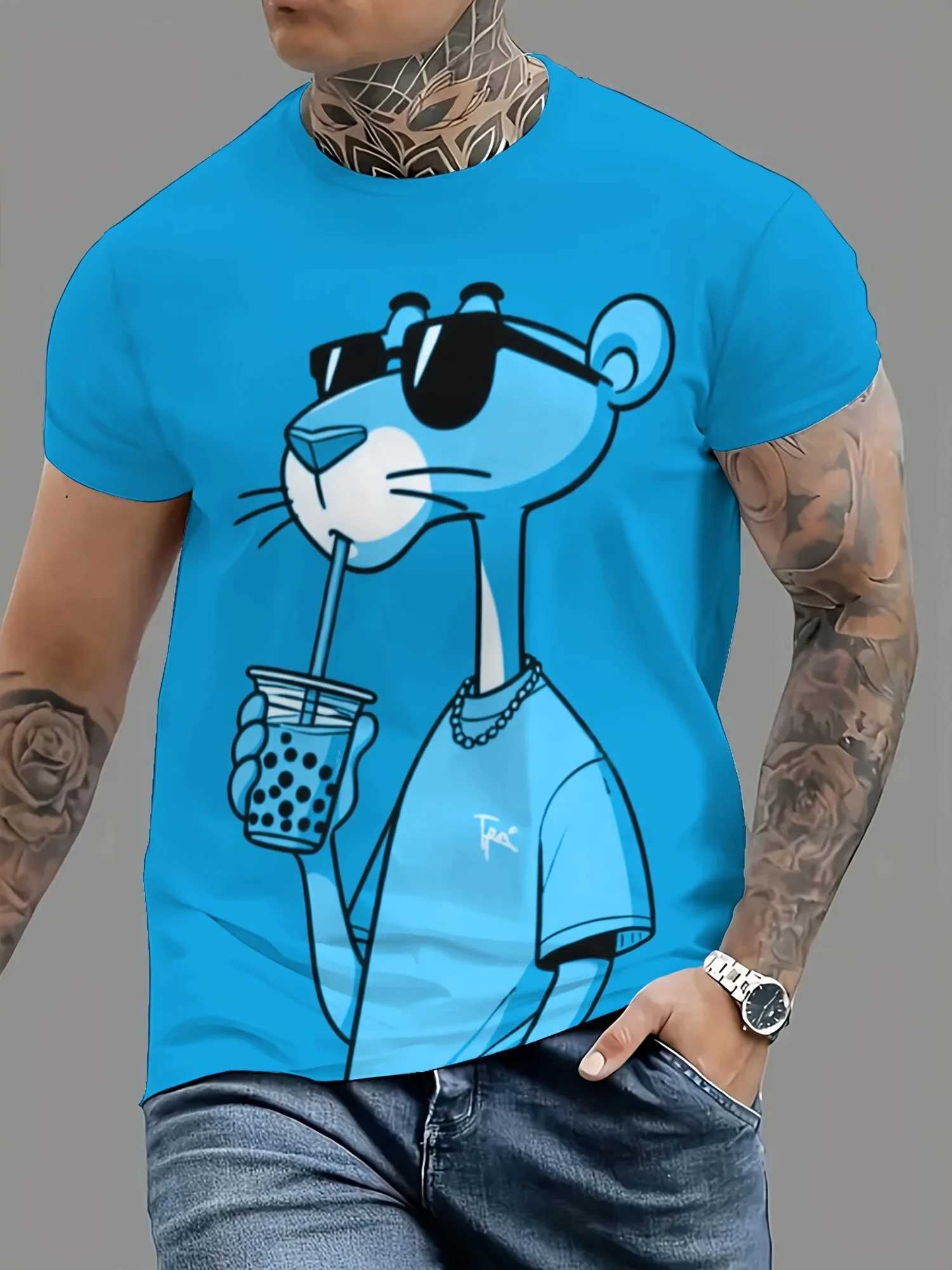 Summer New Mens T-shirts Cartoon Pink Panther Print Short Sleeve O-neck Tees Casual Loose Daily Sports Oversized Unisex Tops W250723