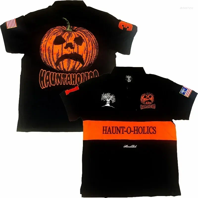 Men's T Shirts Haunted Mound Pumpkin Head Polo ShirtY2K Tshirt Mens Hip Hop Letter Embroidery Retro Oversized Shirt Cotton Short Sleeve Tops