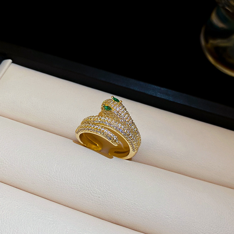 Gold - Tone Snake - Shaped Ring With Rhinestone And Emerald Accents Edgy Party Jewelry And Gift For Her High Quality And Sparkling Jewelry