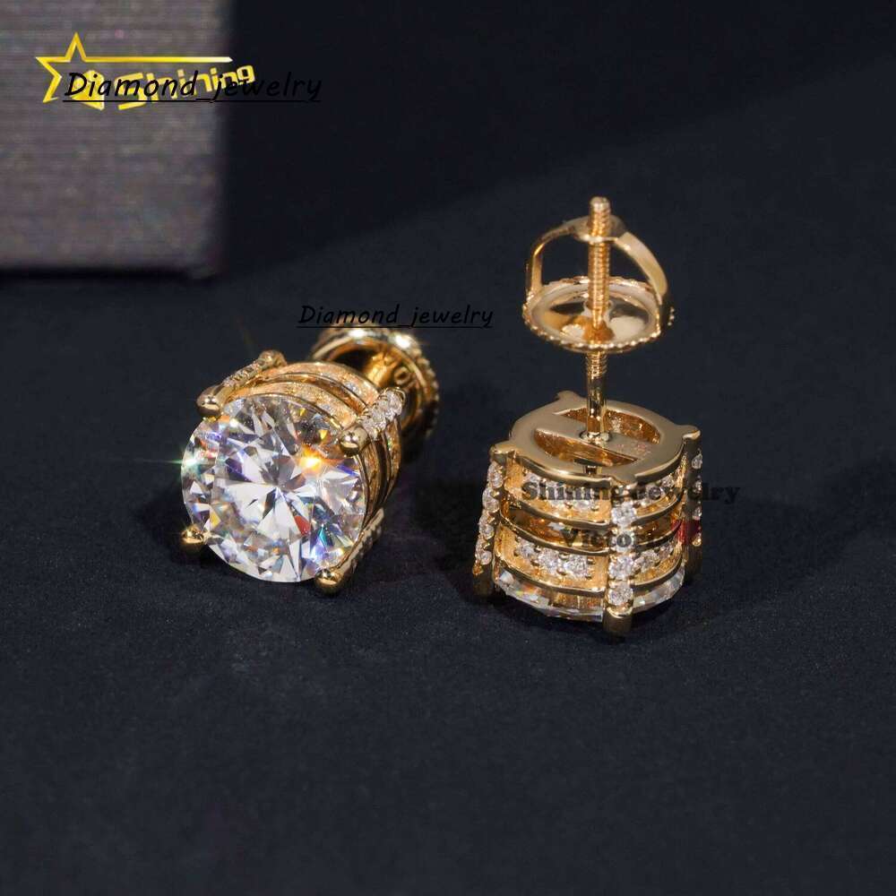 Ice Out Through Tester Mens VVS Moissanite 10K Soild Gold Screw Back 6.5Mm Side Ice Earrings Studs
