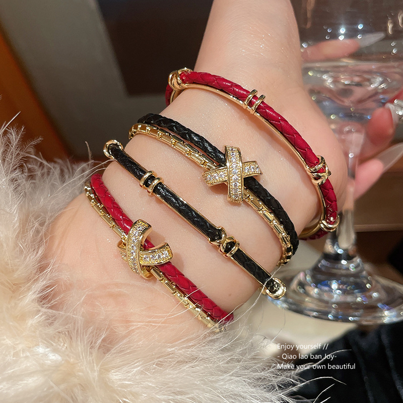 Gold - Tone Rhinestone - Studded Cross Clasp Red Braided Leather Bracelet, Elegant Party Jewelry And Gift For Her High Quality And Stylish Jewelry