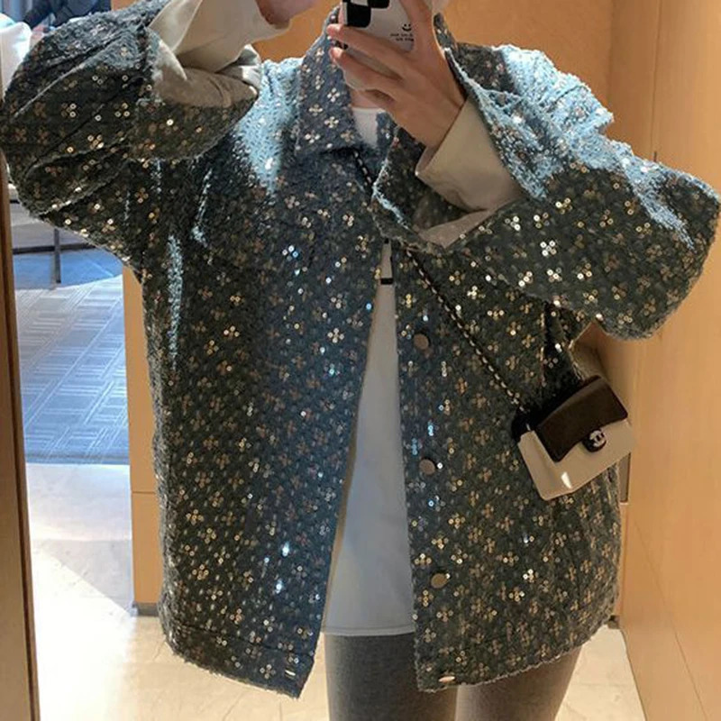 Blue sequined embroidered small fragrance jacket womens autumn and winter jeans fashion sense niche jacket250723