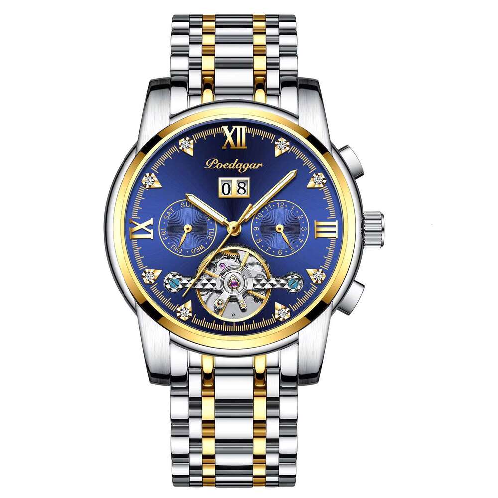 DHwatches POEDAGAR Men's Luxury Automatic Watch - Tourbillon, Day/Date/Month, 50M Waterproof, Luminous, Stainless Steel, Business Mechanical Watc